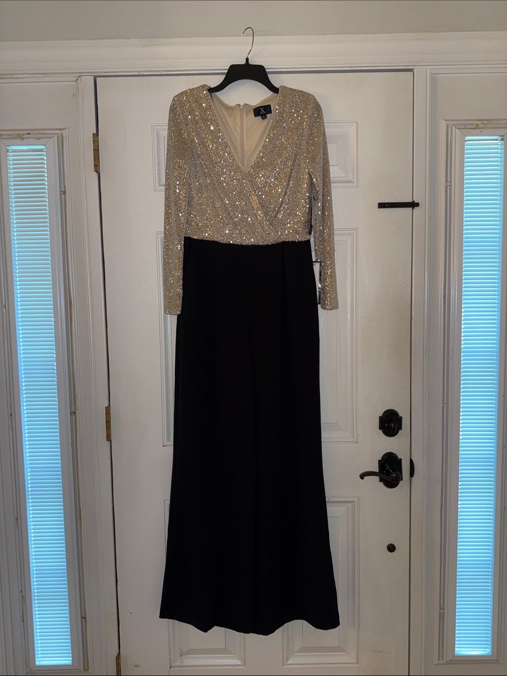 Xscape Gold Sequin Bodice Black Jumpsuit with Long Sleeves